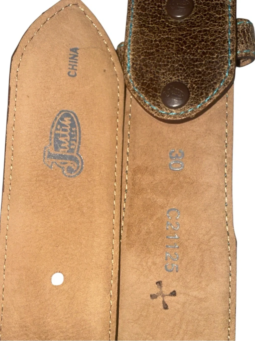 Justin  brown leather western belt teal cowgirl embroidered floral Sz 30